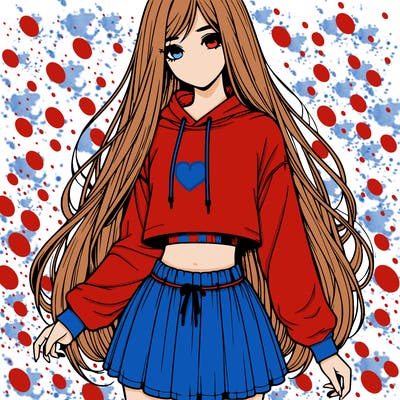 realistic girl with long hair a crop hoodie and a skirt