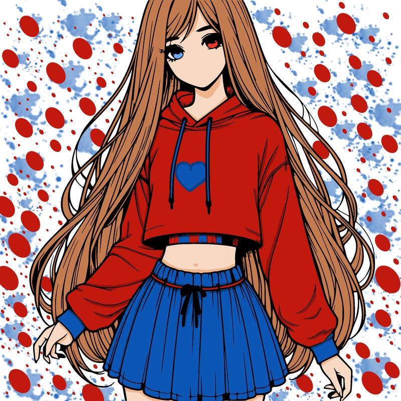 realistic girl with long hair a crop hoodie and a skirt