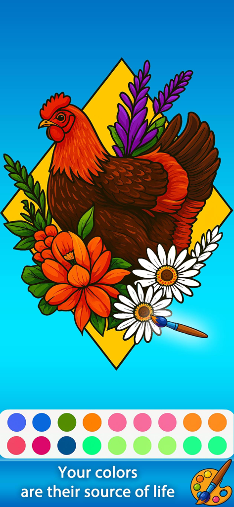 Creative Colors -Color & Relax - Digital coloring app interface showing a detailed illustration of a hen and daisies being colored with a brush tool
