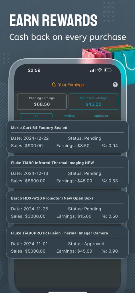 Dealerts app dashboard displaying cashback rewards and transaction history for eBay purchases.