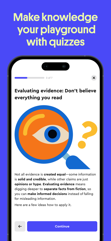 Interfaz de la aplicación Loomi que muestra una lección en pequeña dosis sobre cómo evaluar evidencia con un gráfico de lupa