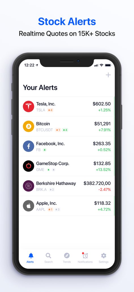 Stock Alarm - Alerts, Tracker - Stock Alarm app interface showing real-time price alerts for stocks and cryptocurrency.