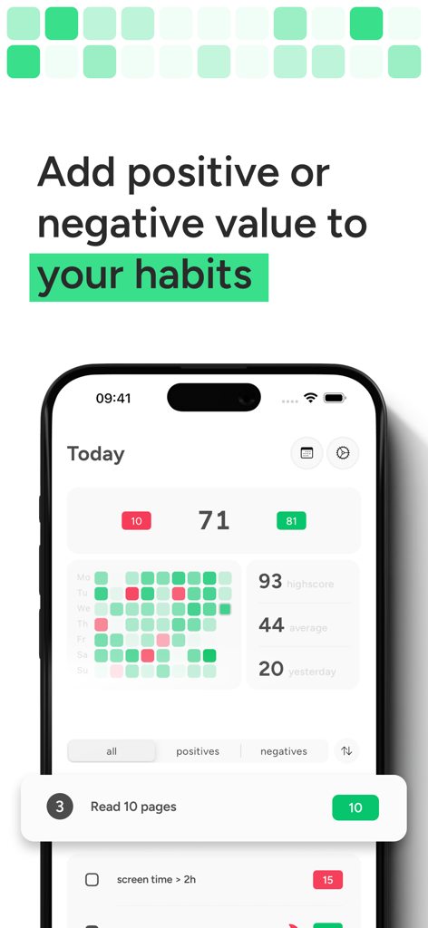 Gameify: Turn Life into a Game - Painel do aplicativo Gameify mostrando pontos de hábitos e rastreamento de desempenho diário