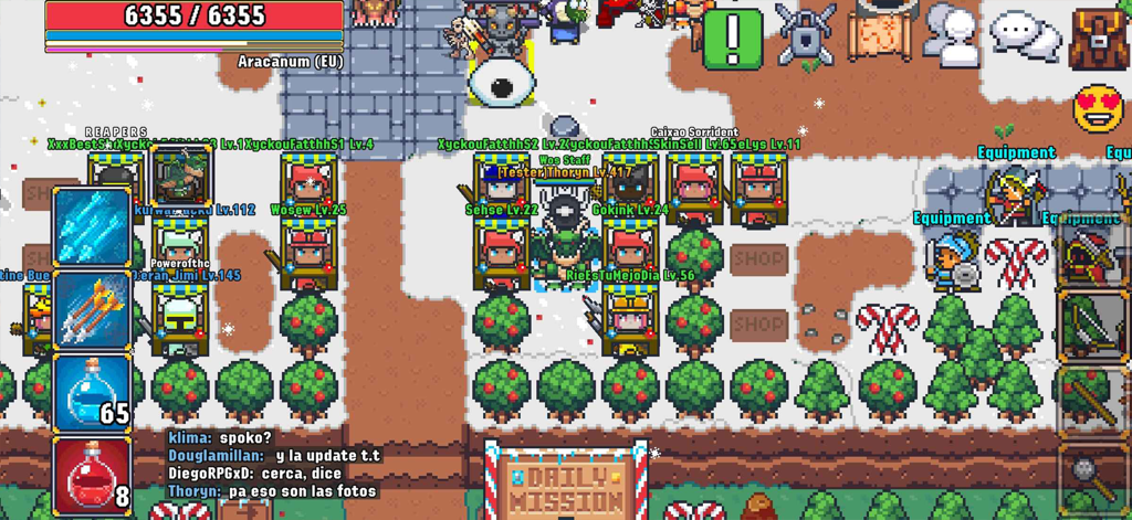 World of Solaria - MMORPG - A busy social hub in World of Solaria MMORPG showing players and shops in retro 2D pixel art style