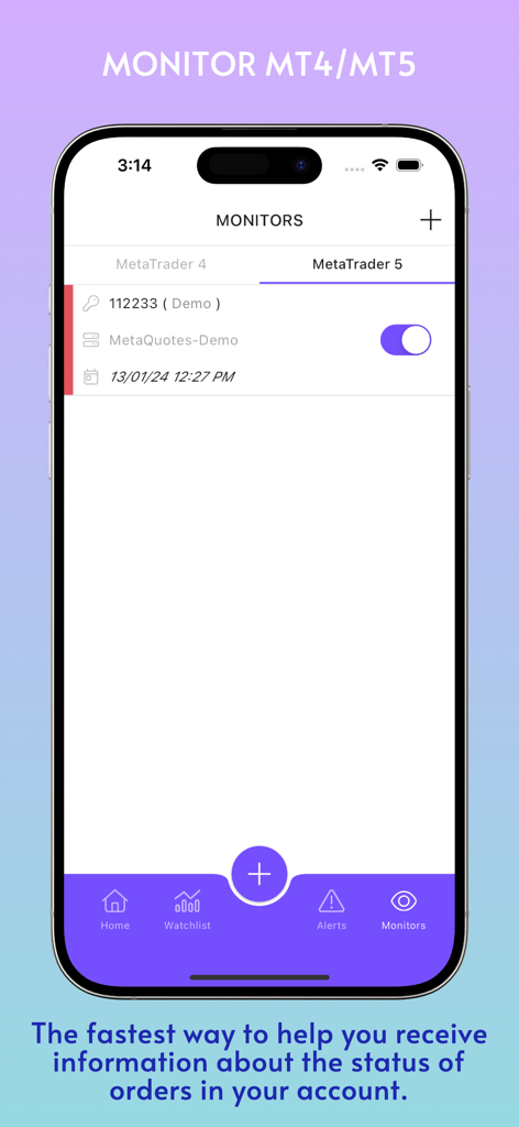 Forex Smart Alert app screen showing MetaTrader account monitoring for traders