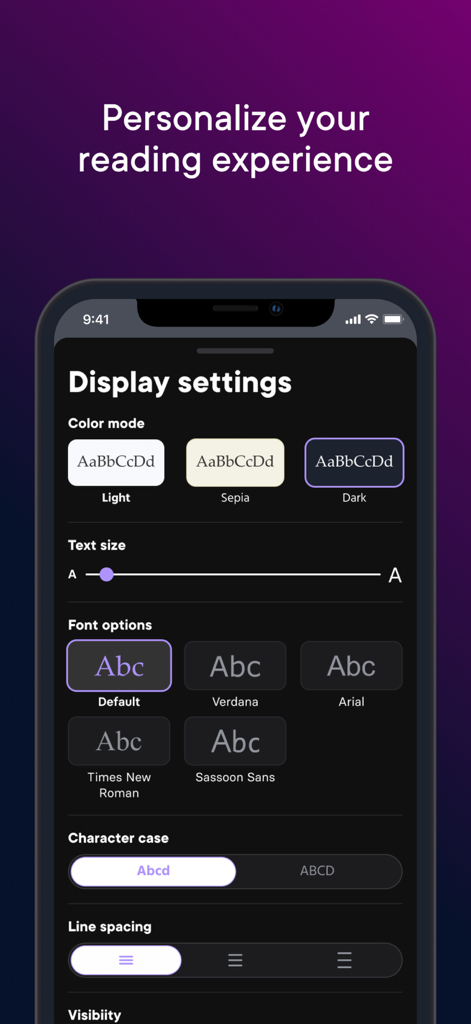 Pearson+ | Study Prep & eTexts - Pantalla de configuración de pantalla en la aplicación Pearson Plus que permite a los usuarios personalizar el tamaño de fuente, el modo de color y el estilo del texto