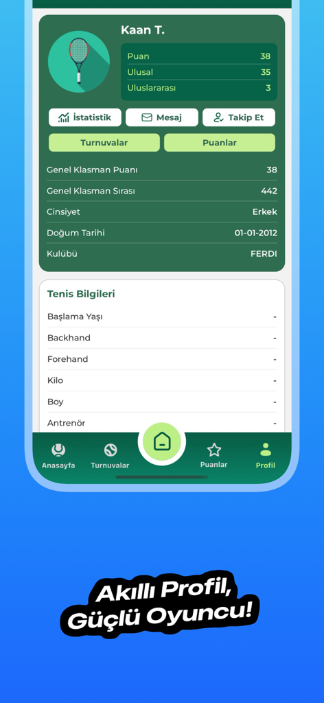 Tennos - Une capture d'écran d'application mobile d'un profil de joueur de tennis montrant les points, les classements et les données sportives personnelles.