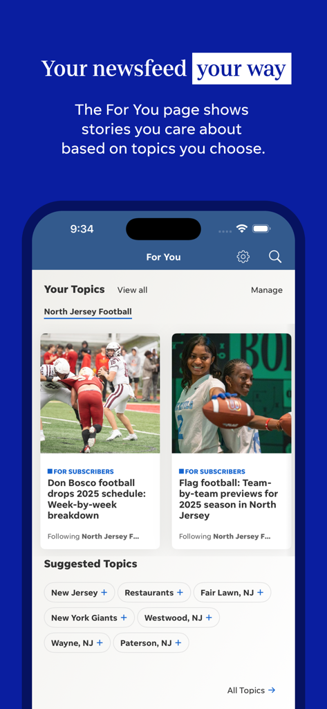 North Jersey: Record & Herald - A mobile interface of the North Jersey news app showing a personalized For You feed with local football stories and suggested regional topics.