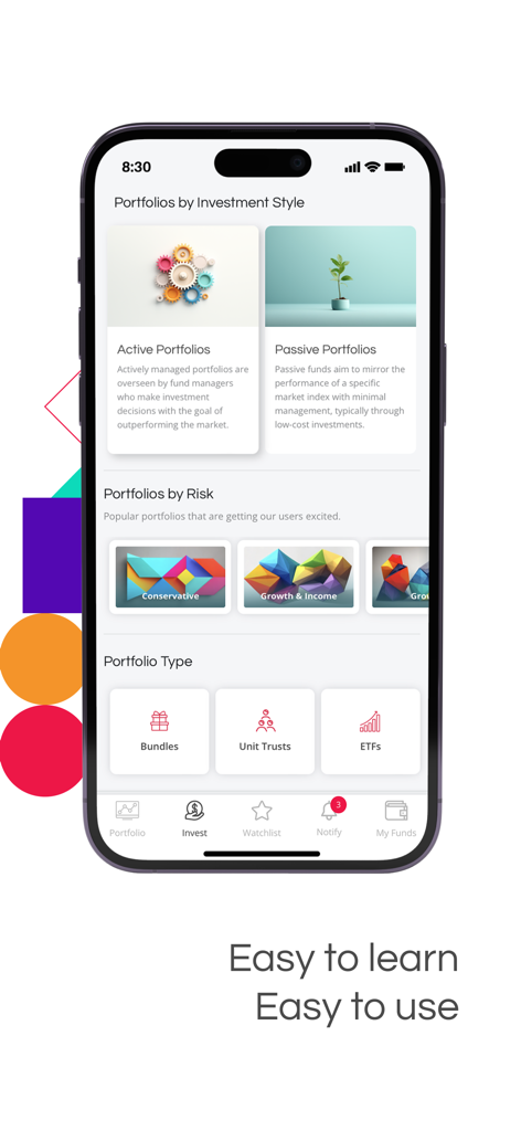 Pantalla de la aplicación móvil EasyEquities que muestra carteras de inversión categorizadas por estilo, nivel de riesgo y tipo de activo.