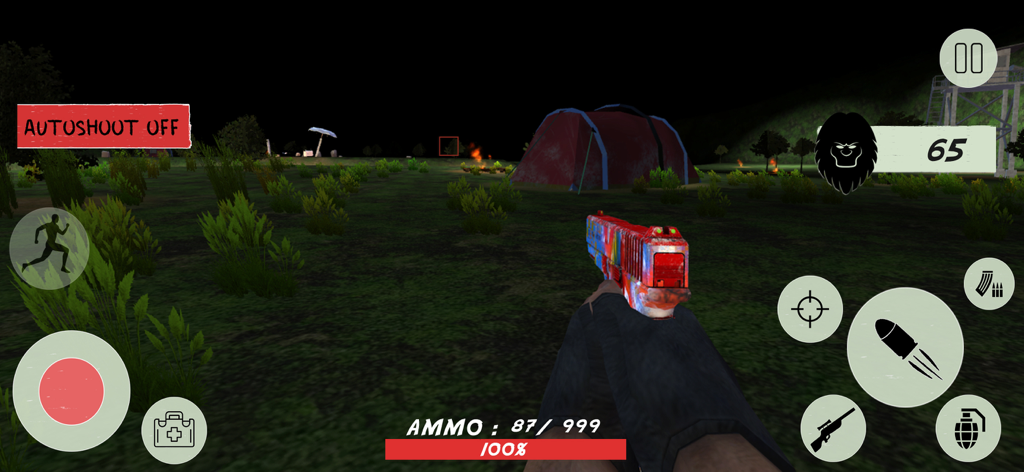 Gorilla Games Giant  Monster - Vista de disparos en primera persona de un jugador cazando monstruos con una pistola en un bosque oscuro.