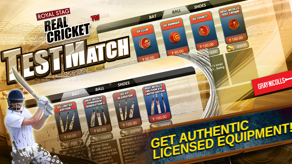Real Cricket™ Test Match - Real Cricket Test Match game menu showing authentic licensed equipment including bats and balls from SS and Gray Nicolls