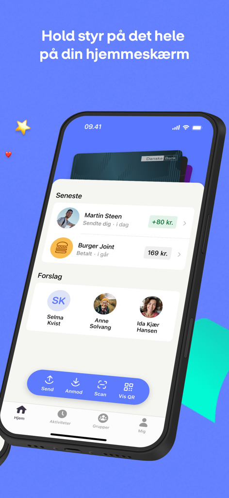 MobilePay - Écran d'accueil de l'application MobilePay affichant les transactions récentes, les suggestions de contacts et les actions rapides de paiement sur un iPhone