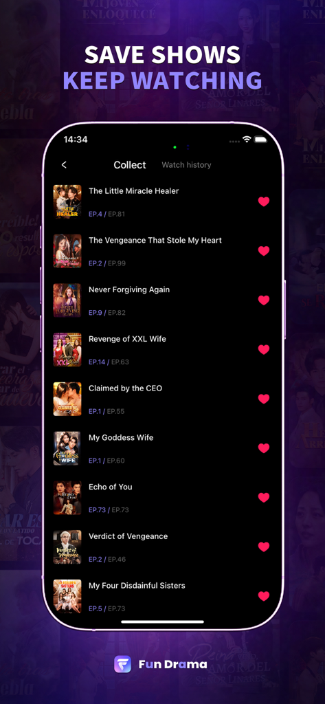 Fun Drama - Pantalla de la aplicación Fun Drama mostrando una colección de series dramáticas cortas guardadas