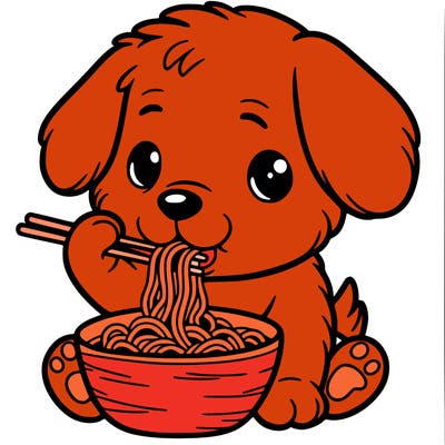 puppy eating noodles