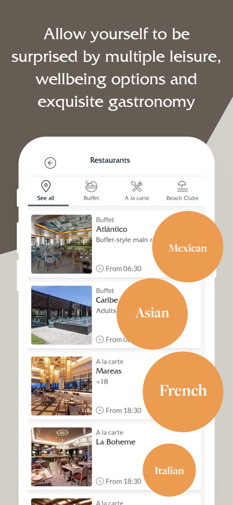 Interfaz de la app de Lopesan Hotel Group mostrando una variedad de opciones de restaurantes del resort y cocinas internacionales como mexicana y francesa