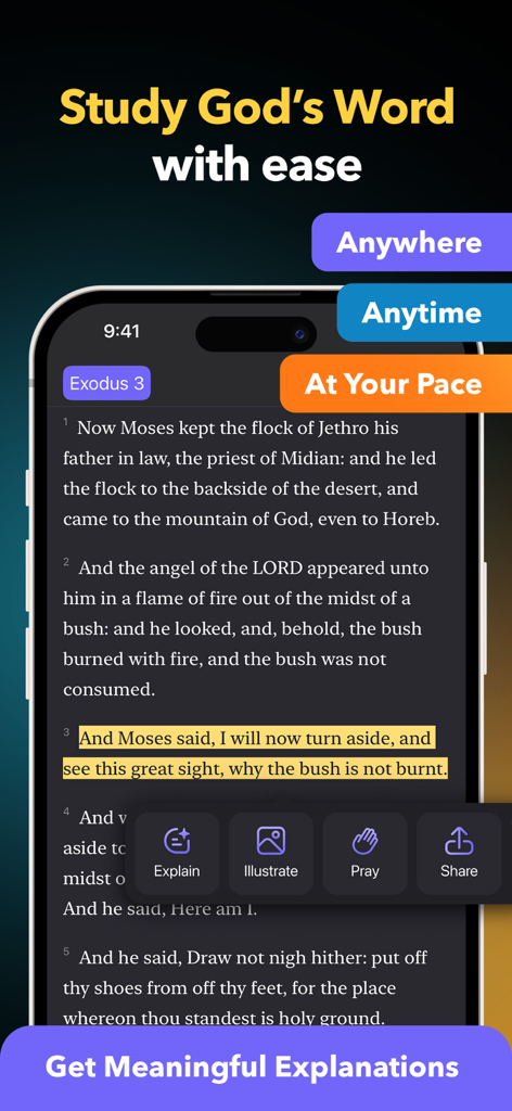 Faithe: Bible Study & Videos - Un smartphone que muestra la interfaz de la aplicación Faithe con un pasaje de Éxodo y opciones para explicar o ilustrar versículos bíblicos específicos.