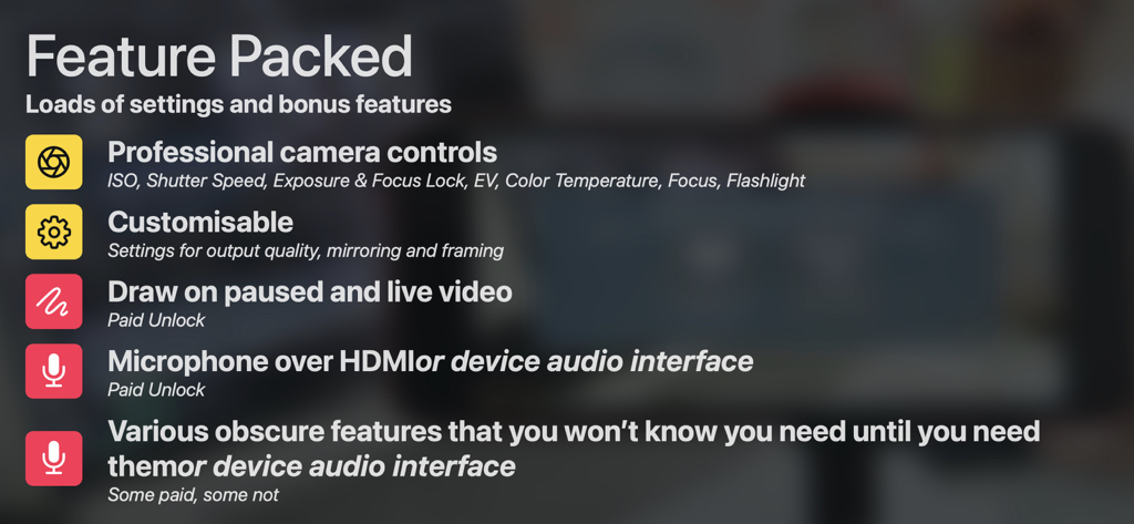 Lista de características de Shoot Pro Webcam, incluyendo controles de cámara profesionales, herramientas de dibujo y opciones de interfaz de audio.