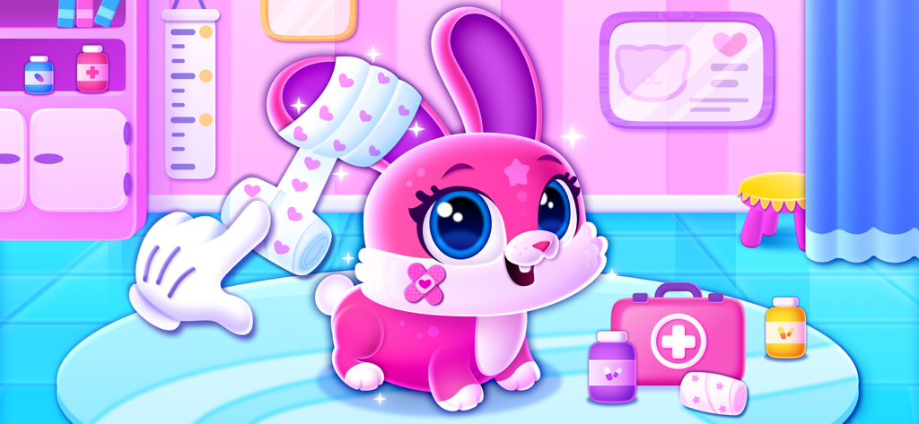 Animal Hospital — Baby Games - A pink bunny receiving a heart bandage in a veterinary clinic simulator for kids