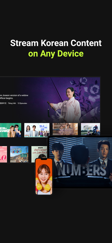 KOCOWA+: K-Dramas, Movies & TV - Interfaccia dell'app KOCOWA plus visualizzata su smartphone e tablet che mostra vari drama coreani e show di varietà
