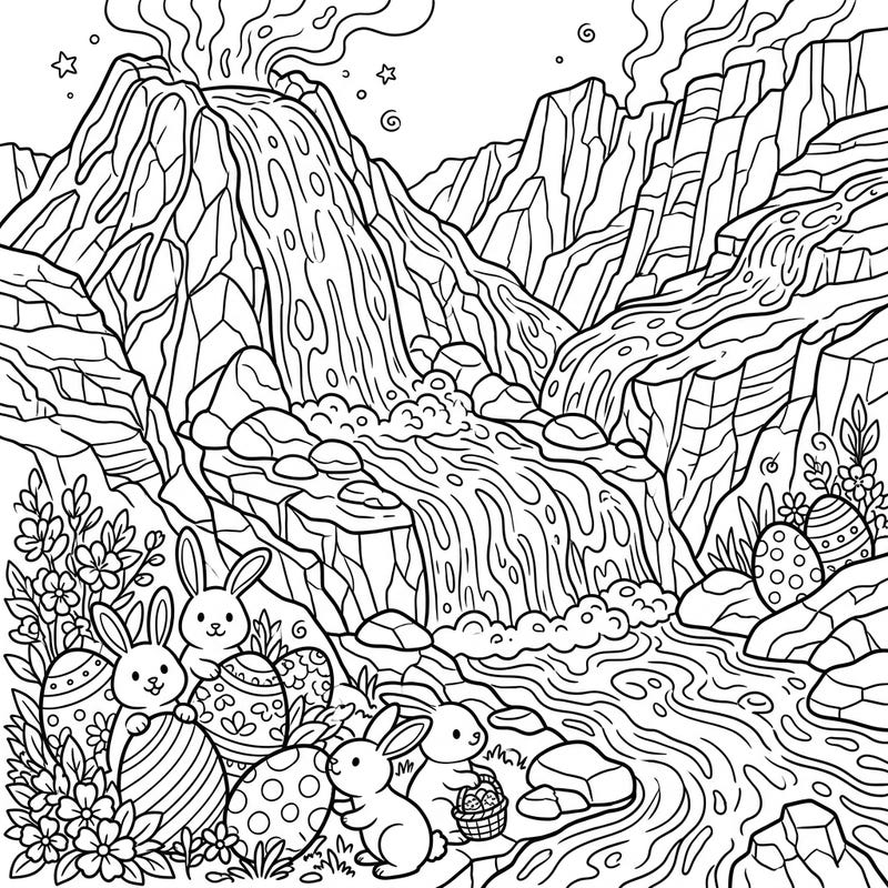 Unleash your creativity with this extraordinary coloring page, blending the fiery drama of lava cascades with the cheerful charm of Easter bunnies. Dive into a world where volcanic landscapes meet springtime joy, offering a truly unique coloring adventure.