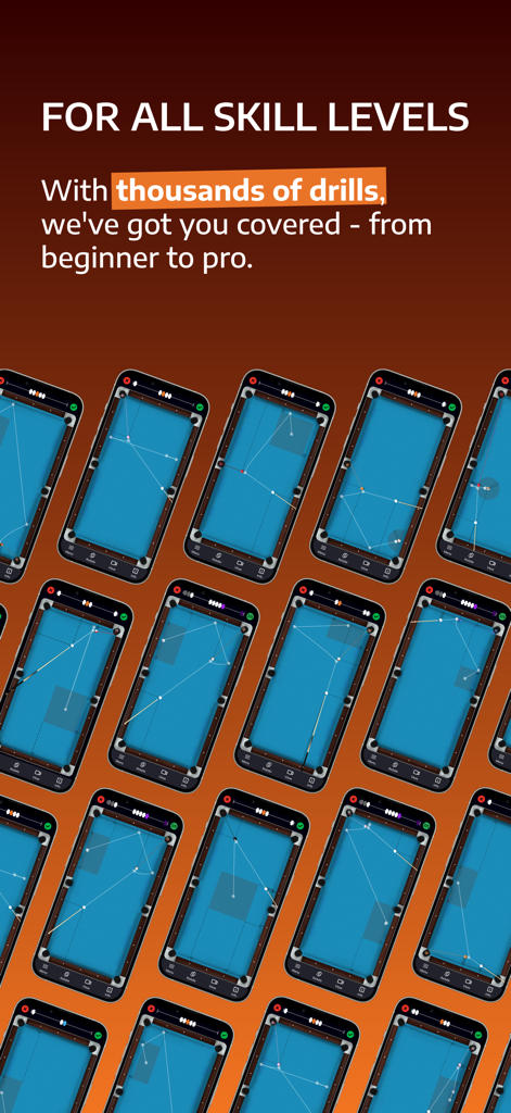 Cueist: Pool Training - Multiple smartphone screens showing various pool table drills for all skill levels in the Cueist app