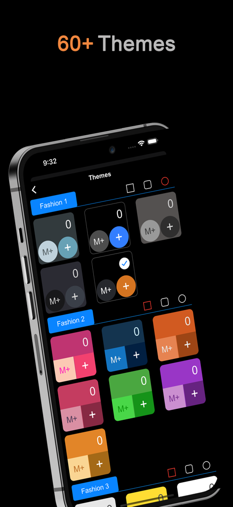 DayCalc - Note Calculator - A collection of colorful calculator themes displayed in the DayCalc app interface on an iPhone.