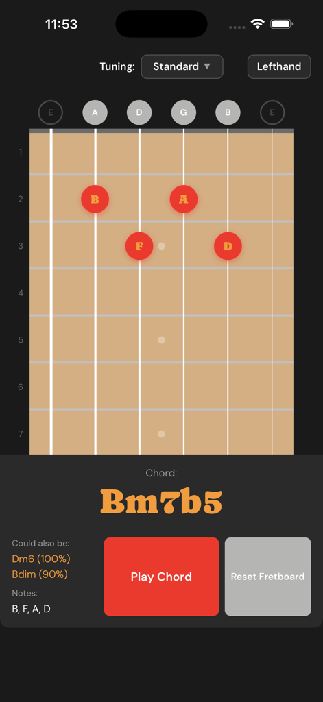 ChordSpotter - ChordSpotter app interface identifying a Bm7b5 guitar chord on a digital fretboard with interactive finger positions