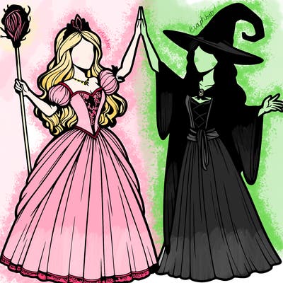 detailed realistic split of a princess and a witch