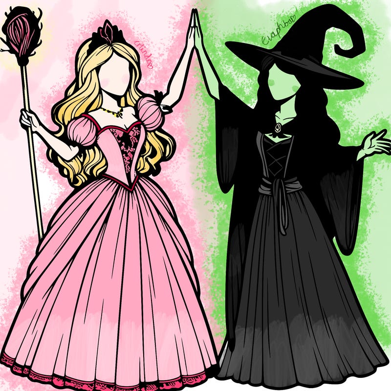 detailed realistic split of a princess and a witch