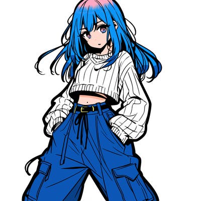 anime teen girl with baggy pants and crop top with sweater