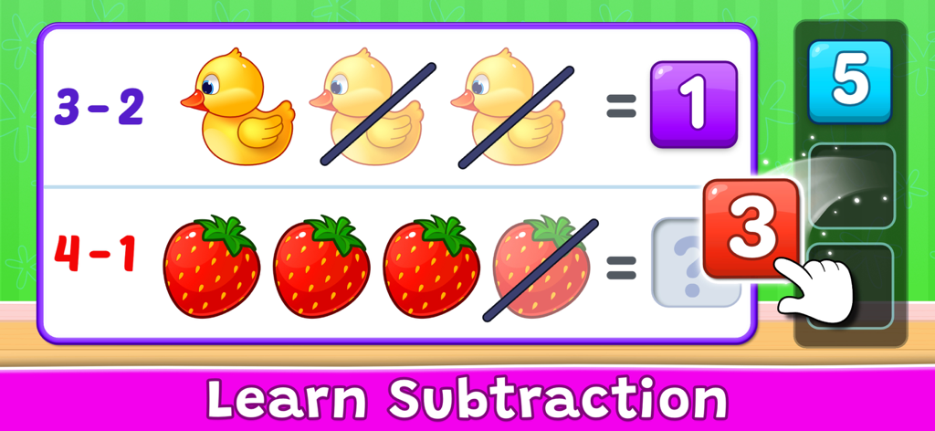 A subtraction learning game screen for kids featuring ducks and strawberries as visual aids.