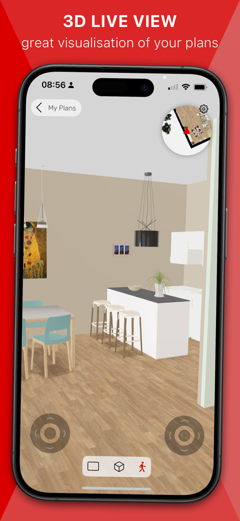 Roomle 3D & AR room planner - Uma visualização ao vivo em 3D de uma cozinha e sala de jantar mobiliadas no aplicativo Roomle