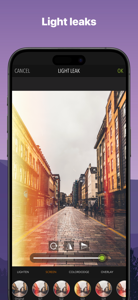 PicPoc - Photo Editor AI - PicPoc mobile app interface showing light leak effects being applied to a city street photograph