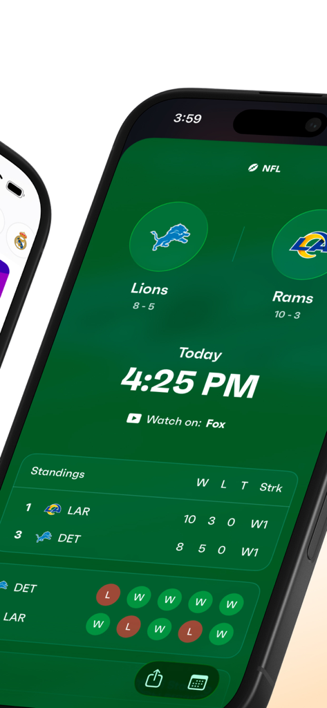 Fixtured App zeigt NFL Detroit Lions gegen LA Rams Spielzeit und Übertragungskanal an
