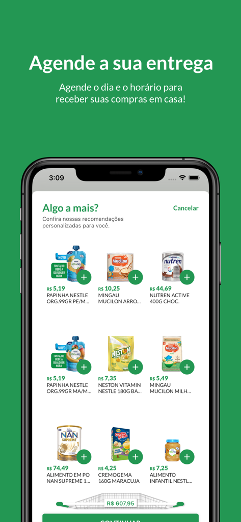 Supermercado Minibox - Tela de smartphone mostrando o aplicativo Supermercado Minibox com recomendações de produtos e um cabeçalho sobre o agendamento de entrega em português.