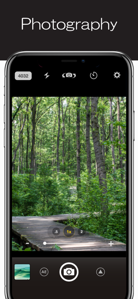 StageCameraHD - Pro camera - Interface photographique de l'application StageCameraHD avec commandes de caméra professionnelles et curseur de zoom.