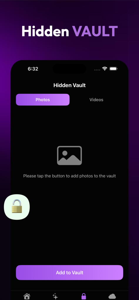 Recover Plus: Photo Recovery - Screenshot der Recover Plus App, der die Funktion "Versteckter Tresor" für die private Fotospeicherung zeigt