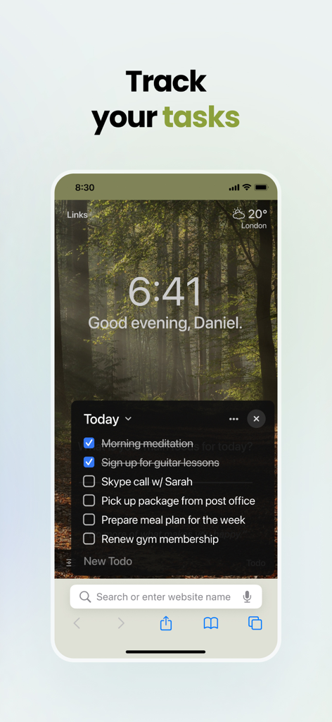 Momentum - Momentum App-Oberfläche, die eine tägliche To-Do-Liste über einem ruhigen Walderhintergrund anzeigt