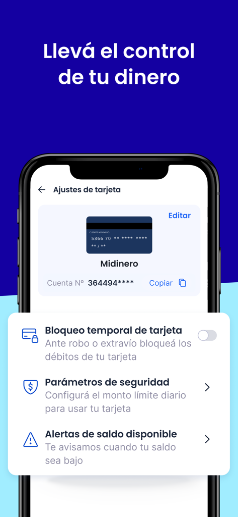 Midinero App - Interfaz de la aplicación Midinero que muestra la seguridad de la tarjeta y las opciones de alerta de saldo