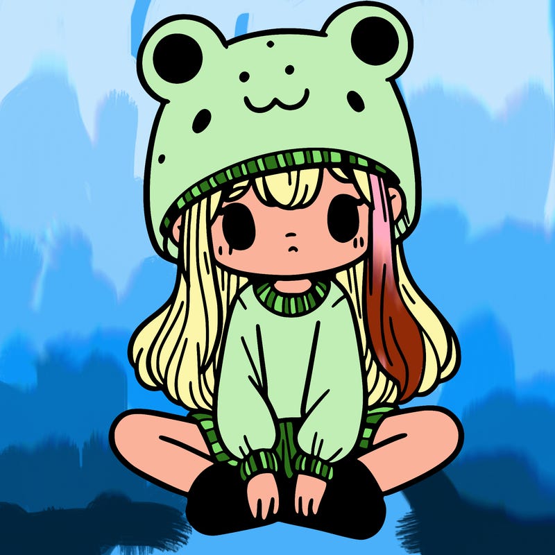 a girl wearing a frog hat and some frog socks