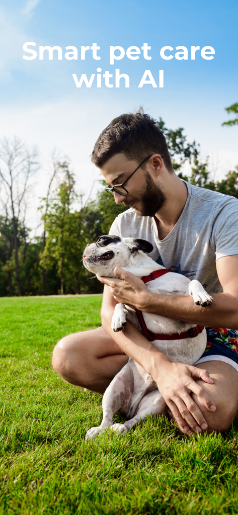 DogCare: AI Pet Health Tracker - A man hugging his dog in a sunny park with text overlay Smart pet care with AI
