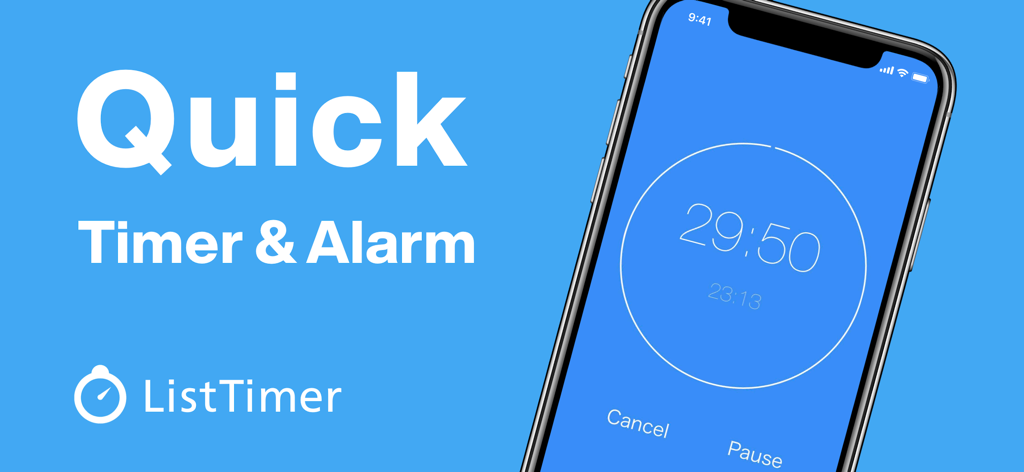 Simple Timer & Alarm ListTimer - ListTimer app interface showing a countdown and finish time on a smartphone