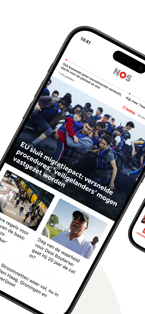 NOS - Interface do aplicativo de notícias NOS exibindo manchetes e imagens de notícias holandesas em um dispositivo móvel