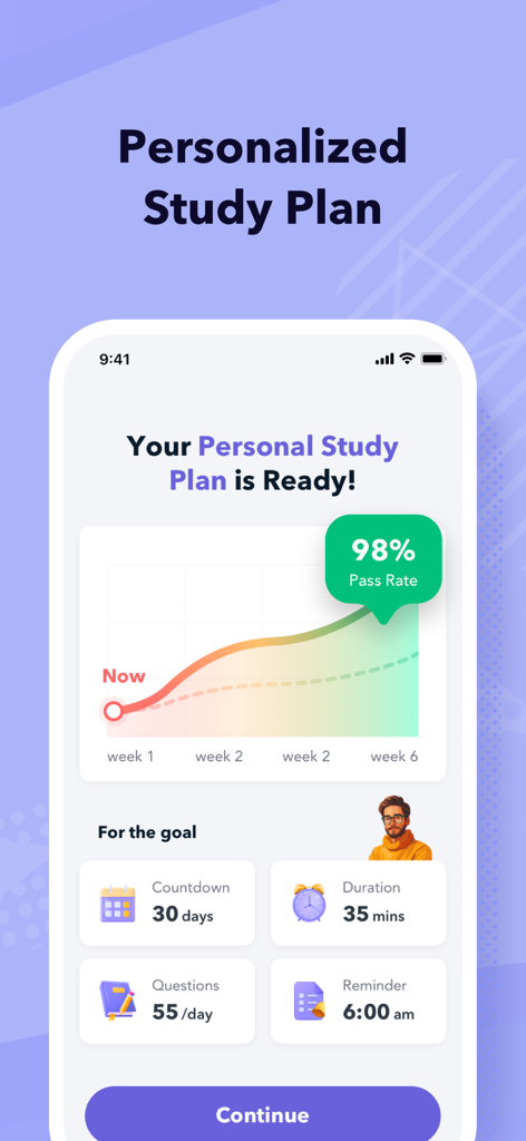 Interface of the ISC2 prep app displaying a personalized study plan with progress tracking and daily exam goals