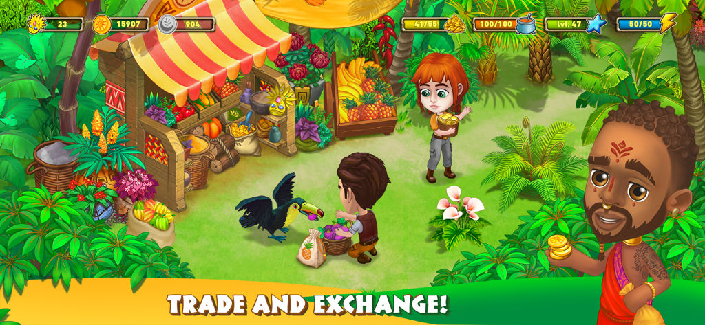 Bobatu Island: Survival Quest - Personajes intercambiando recursos y monedas en un puesto del mercado de una isla tropical en Bobatu Island Survival Quest.