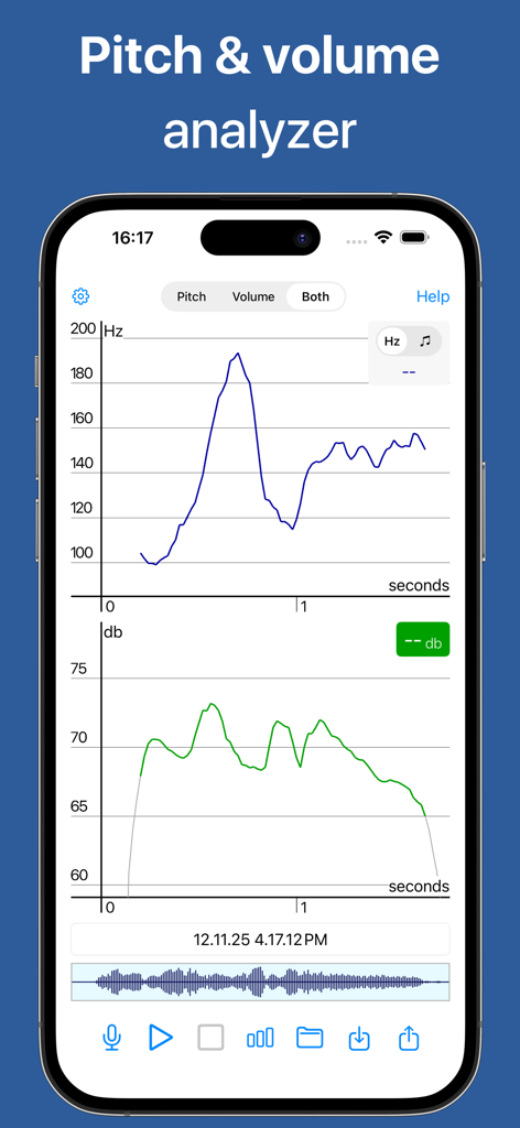 Aplicativo Voice Analyst exibindo gráficos de tom e volume em tempo real para fonoaudiologia