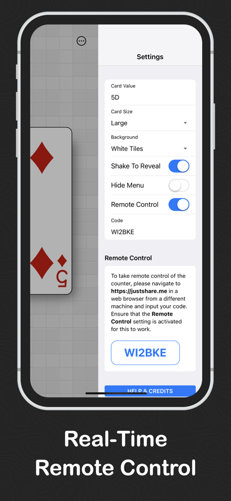 Magic Ace - Magic Ace app interface displaying real time remote control settings and configuration for a digital card trick
