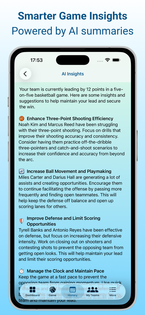 Hooper: Basketball Assistant - Hooper basketball app AI game insights screen showing tactical advice and player performance summaries