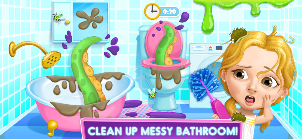 Sweet Baby Girl Hotel Cleanup - Una niña con un cepillo limpiando un baño de hotel desordenado con tentáculos verdes y slime