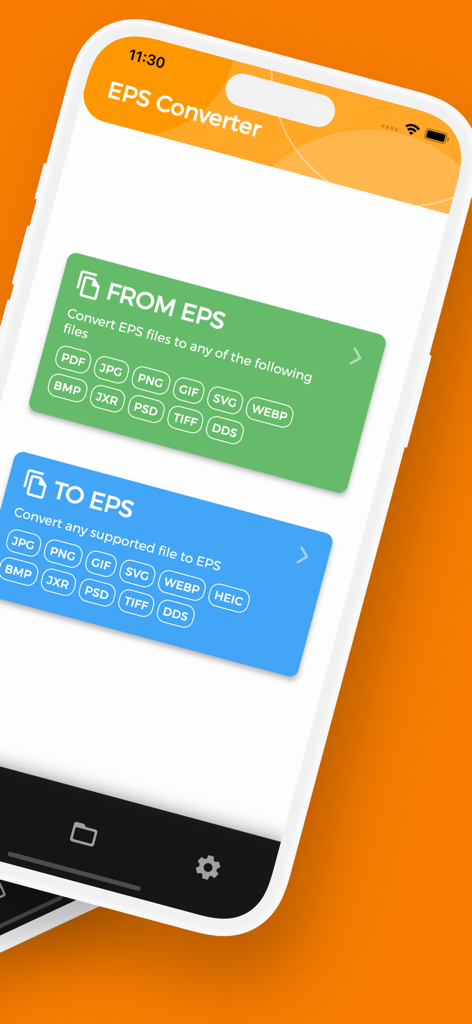 Main screen of the EPS Converter app on iPhone showing options for converting files to and from EPS format